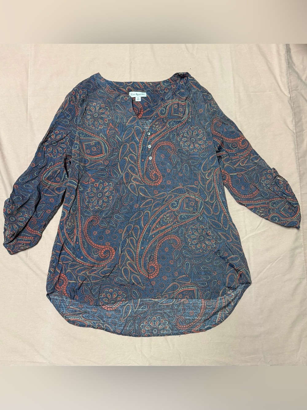 Kim Rogers Blue Paisley Henley Tunic with Rust Accents
